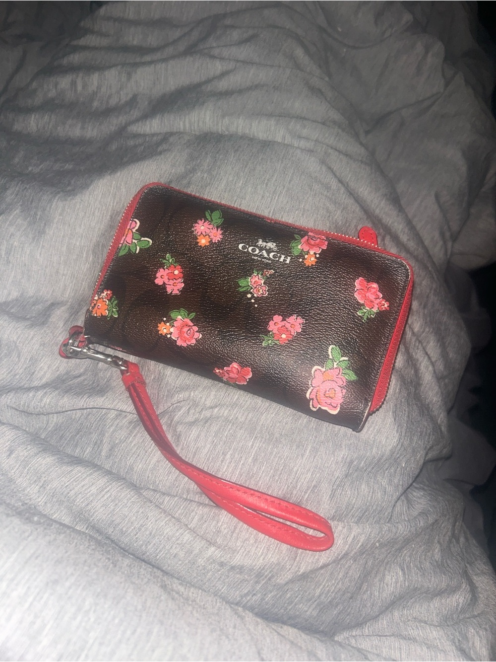 Coach Brown Floral Zip Wristlet with Red Trim and Strap